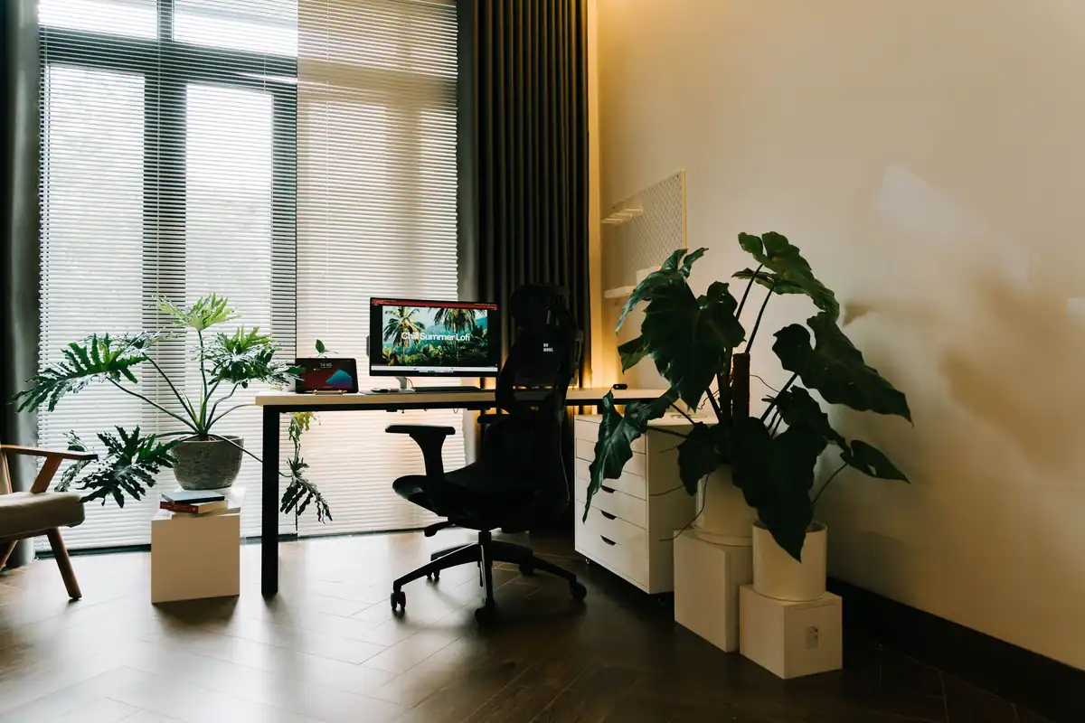 Birou acasă lângă ferestre mari, cu calculator și multe plante de interior