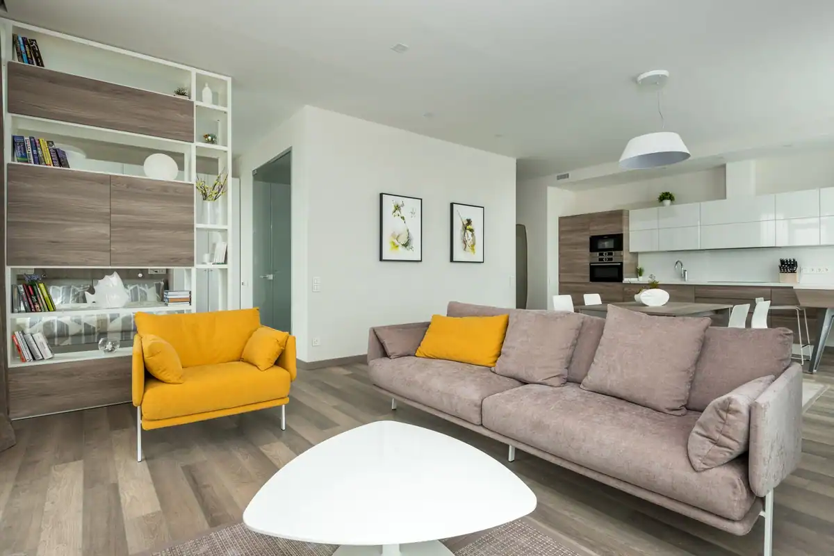 Canapea și fotoliu lângă o masă joasă și un dulap din lemn cu cărți, într-un apartament luminos