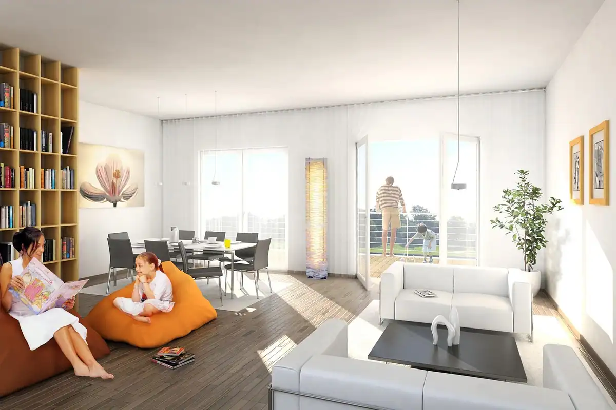 Garsonieră cu zona de dormit separată de living printr-o bibliotecă deschisă