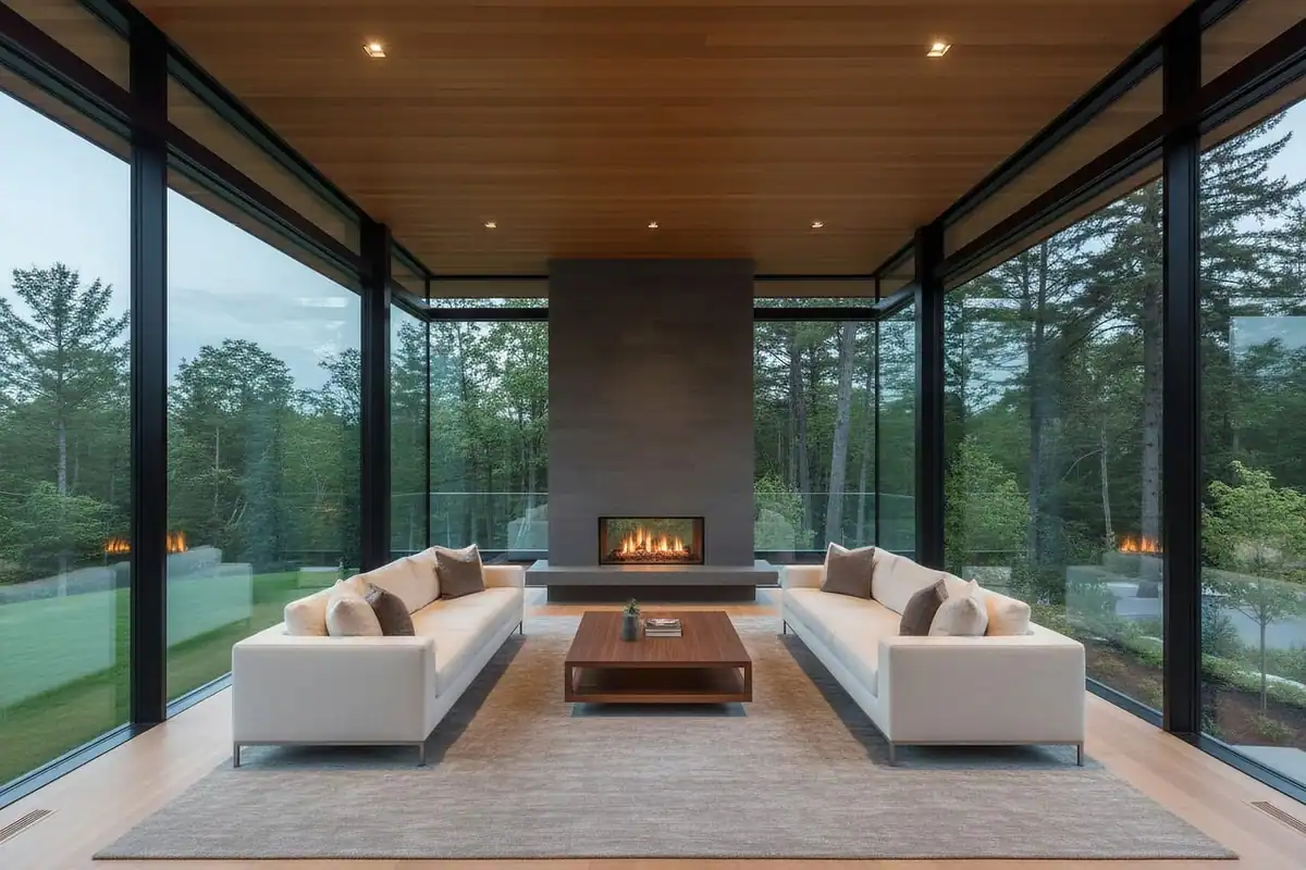 Living modern cu șemineu și perete decorativ cu tablou, ca punct focal al camerei