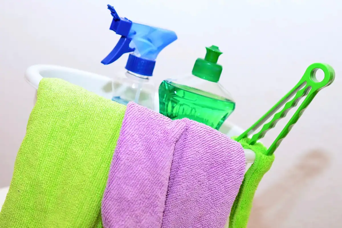 Curățarea tapițeriei canapelei cu o lavetă și spray, pe o suprafață textilă din living